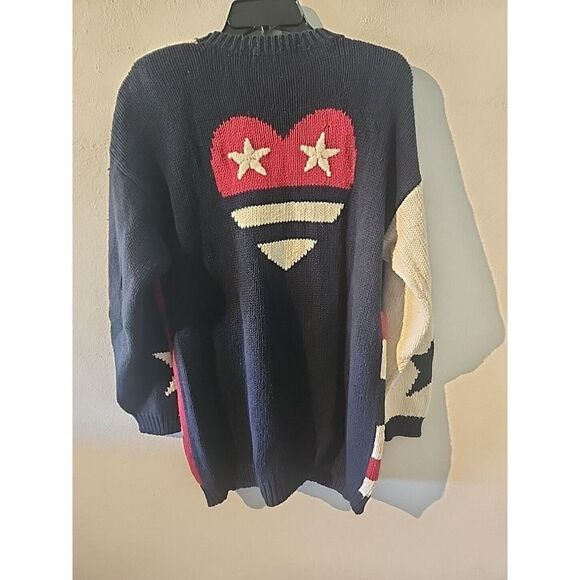 VTG Sz M Marsh Landing Knit Sweater Bear Stars Patriotic Oversized Flag Stars - Picture 6 of 9